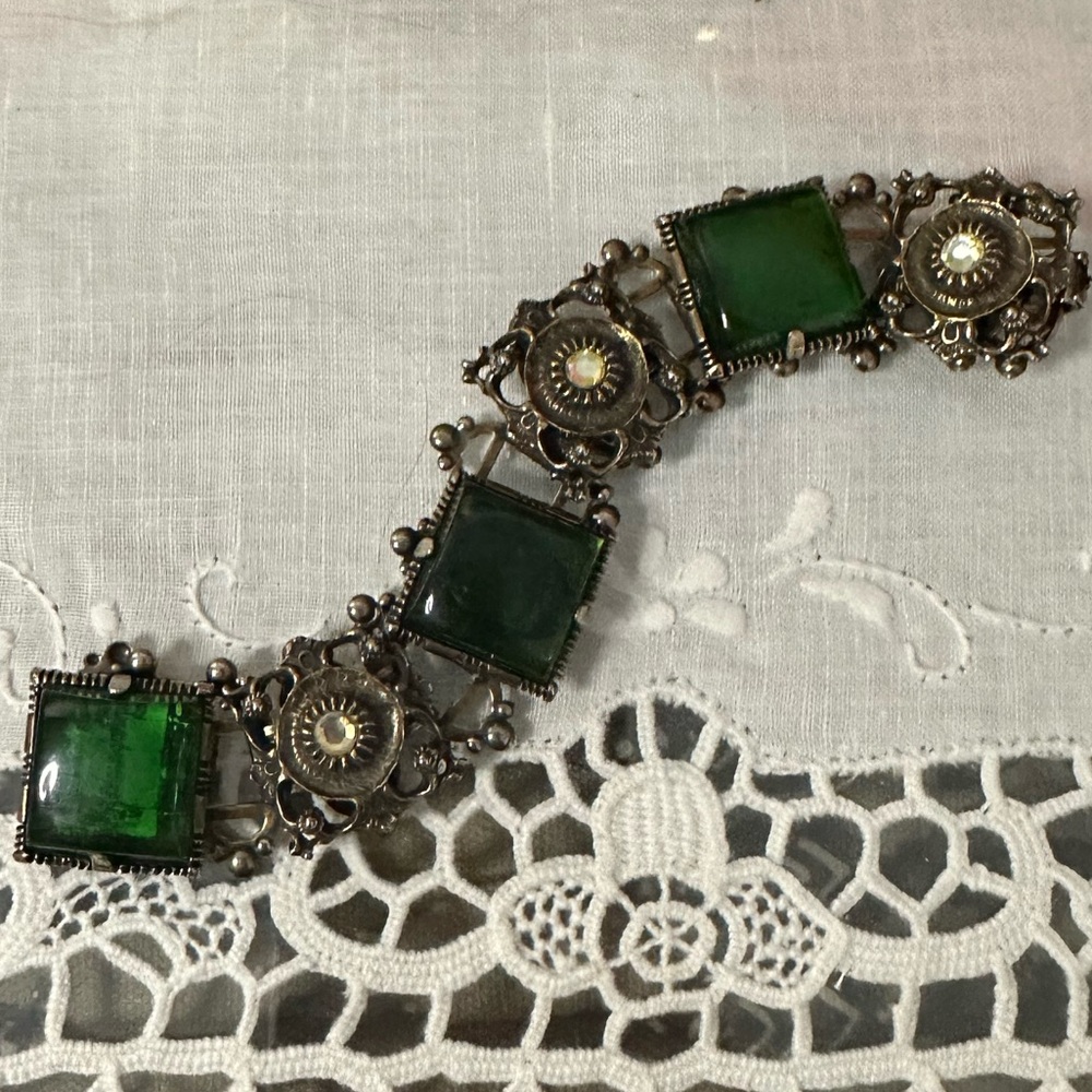 Antique Art Deco Green Glass Book Bracelet